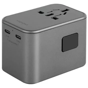 ENERGEA Travelworld adapter GaN65W 65W 1xUSB-A 2xUSB-C PD PPS QC 3.0 izmenljivi vtiči US/EU/UK gunmetal siva