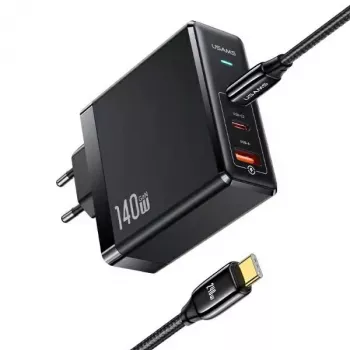 USAMS T52PD140W 140W GaN napajalnik s kablom USB-C 240W, 2xUSB-C + 1xUSB-A, hitro polnjenje PD, črn (US-CC168 + US-SJ581) serija UM UMXLOGTC01