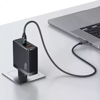USAMS T52PD140W 140W GaN napajalnik s kablom USB-C 240W, 2xUSB-C + 1xUSB-A, hitro polnjenje PD, črn (US-CC168 + US-SJ581) serija UM UMXLOGTC01