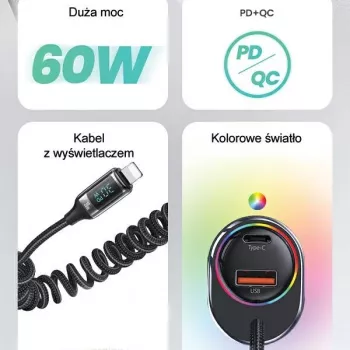USAMS C37 avtomobilski polnilnik 60W 1xUSB-A + 1xUSB-C PD+QC hitro polnjenje s kablom Lightning 30W, črn CC193CC01 (US-CC193)