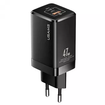 USAMS T41 GaN 47W USB-C+USB-A hitri polnilnik EU vtič črn