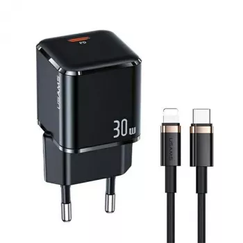 USAMS T45 30W PD3.0 USB-C hitri polnilnik s kablom U63 USB-C na Lightning, črn, UXTZH01