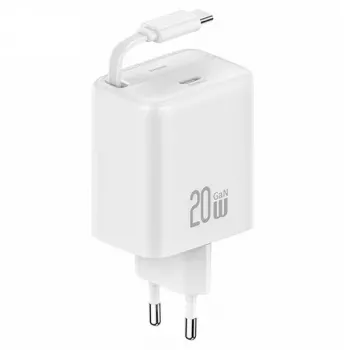 USAMS YC Series GaN 20W USB-C stenski polnilnik z izvlečnim kablom USB-C, PD+QC hitro polnjenje, bel (US-CC233)