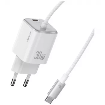 USAMS JC Series CC264 30W GaN mini hitri polnilnik, USB-C z vgrajenim kablom USB-C, bel
