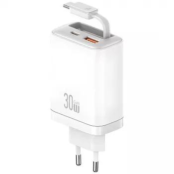 USAMS Xiang Series CC296 30W USB-C/USB-A polnilnik z USB-C kablom bel