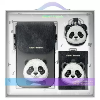 Nimmy 3-v-1 komplet: torbica za telefon + denarnica + ovitek za sledilnik, črn, Big Eyed Pet 2.0 Panda
