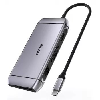 CHOETECH 9-v-1 večnamensko zvezdišče USB-C - 3x USB 3.2 Gen 1, bralnik kartic SD/TF, HDMI 4K 30Hz, VGA Full HD 60Hz, USB-C PD, RJ45 Gigabit Ethernet, siva (HUB-M15)