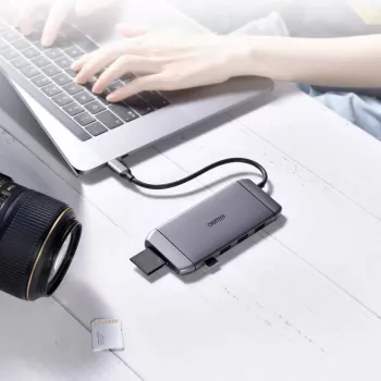 CHOETECH 9-v-1 večnamensko zvezdišče USB-C - 3x USB 3.2 Gen 1, bralnik kartic SD/TF, HDMI 4K 30Hz, VGA Full HD 60Hz, USB-C PD, RJ45 Gigabit Ethernet, siva (HUB-M15)