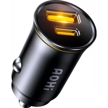 AOHi Superauto PD 65W GaN stenski polnilnik 1x USB-C 1x USB-A črn