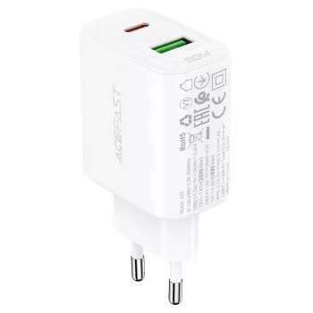 Acefast A25 stenski polnilnik, USB + USB-C, PD 20W (bel)