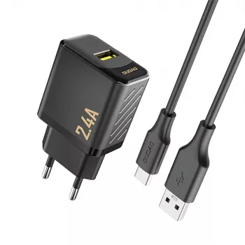 Dudao A23TEU 12W USB-A stenski polnilnik s 1m kablom USB-A na USB-C, črn