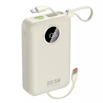 Powerbank Dudao K14+ 20000mAh 22,5W USB-C / USB-A z vgrajenima kabloma Lightning in USB-C – bel