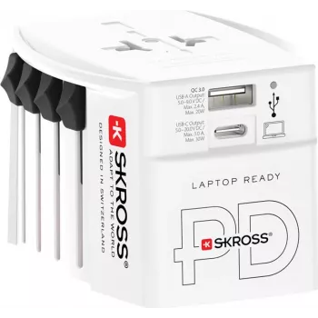 SKROSS MUV USB AC30PD svetovni potovalni adapter z USB polnilnikom, bel