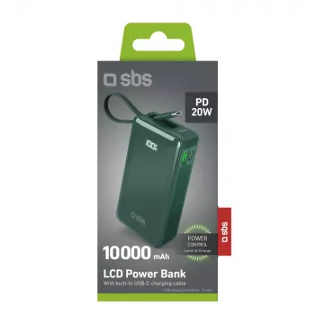 SBS prenosni polnilnik 10000 mAh z vgrajenim kablom USB-C, zelen