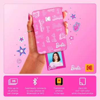 Prenosni foto tiskalnik KODAK Step Slim Barbie - Bluetooth 5.0, tehnologija ZINK Zero Ink, tiskanje 2x3 inch, Barbie Pink