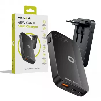 Mobile Origin 65W GaN Slim Dual USB-C Single USB-A črn stenski polnilnik