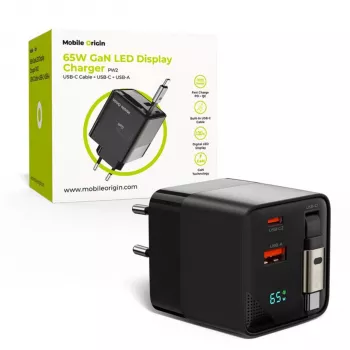 Mobile Origin 65W GaN polnilnik USB-C z izvlečnim kablom + USB-A 75cm