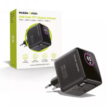 Mobile Origin 65W GaN polnilnik PW3 USB-C z izvlečnim kablom 65cm + USB-A črn