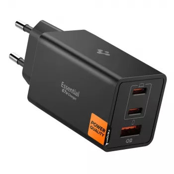 Spigen Essential EE673EU 67W GaN 3-portni USB-C/USB-A stenski polnilnik črn