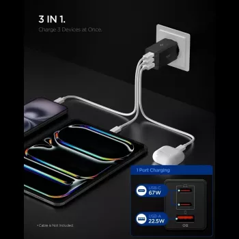 Spigen Essential EE673EU 67W GaN 3-portni USB-C/USB-A stenski polnilnik črn