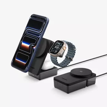 SPIGEN EF323MQ Essential 3-v-1 magnetni MagSafe brezžični polnilnik 25W Qi2 črn