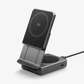 Spigen Essential Qi2 2-v-1 brezžično polnilno stojalo 25W MagSafe, črno