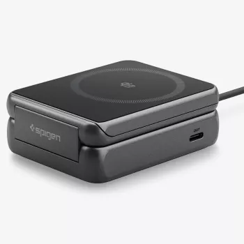 Spigen Essential Qi2 2-v-1 brezžično polnilno stojalo 25W MagSafe, črno