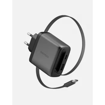 ENERGEA Ampcharge Arc 65W GaN USB-A/USB-C stenski polnilnik z izvlečnim kablom USB-C, gunmetal