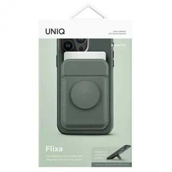 UNIQ Flixa magnetna denarnica za kartice s stojalom Lichen Green MagSafe