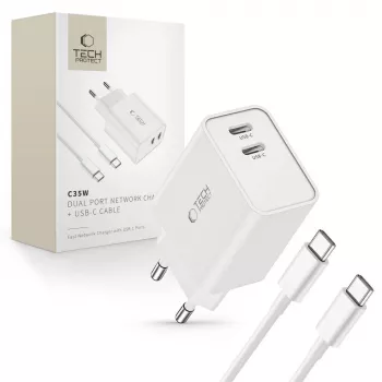 Tech-Protect C35W 2-portni USB-C polnilnik bel