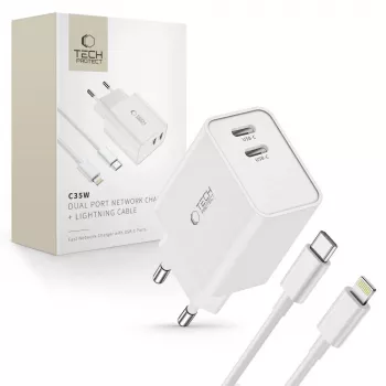 TECH-PROTECT C35W 2-portni omrežni polnilnik PD 35W + kabel Lightning bel