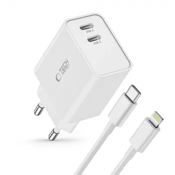 TECH-PROTECT C35W 2-portni omrežni polnilnik PD 35W + kabel Lightning bel