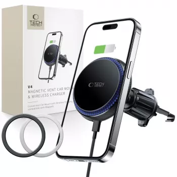 TECH-PROTECT MM15W-V4 magnetno držalo MagSafe za prezračevalno režo, brezžični polnilnik 15W, črno