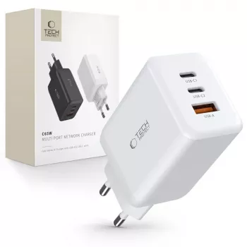 TECH-PROTECT C65W 3-portni omrežni polnilnik PD 65W / QC3.0, bel