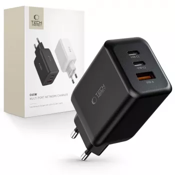 TECH-PROTECT C65W 3-portni omrežni polnilnik PD 65W / QC3.0, črn