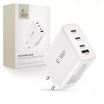 Tech-Protect NC100W-GAN 4-portni beli GaN stenski polnilnik 100W USB-C USB-A