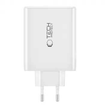 Tech-Protect NC100W-GAN 4-portni beli GaN stenski polnilnik 100W USB-C USB-A