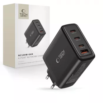 Tech-Protect NC100W-GAN 4-portni črni GaN stenski polnilnik 100W USB-C