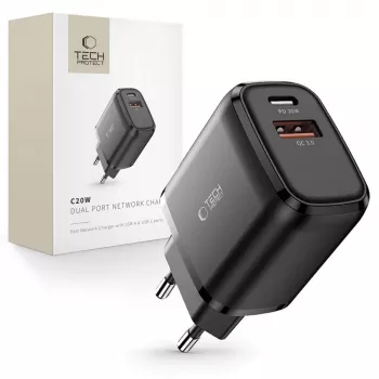 TECH-PROTECT C20W 2-portni omrežni polnilnik PD20W/QC3.0 črn