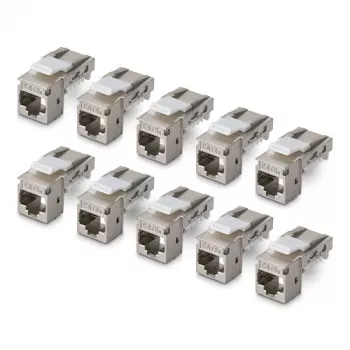 StarTech.com oklopljeni Cat6a Keystone Jack modul 10er-Pack RJ45 Ethernet ženski, STP, 90 stopinj kotni, brez orodja, srebrn, 10GBase-T