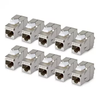 StarTech.com oklopljeni Cat6a Keystone Jack modul, 10er-Pack RJ45 Ethernet konektor, STP Cat6a stenska vtičnica, 180 stopinj, brez orodja, ploščat, srebrn