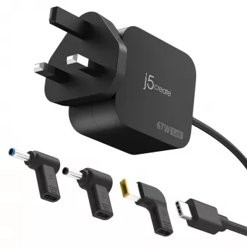 J5CREATE 67W GaN PD USB-C mini polnilnik s 3 vrstami DC vtičev