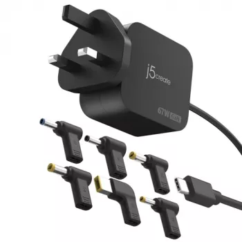 J5CREATE 67W GaN PD USB-C mini polnilnik z britanskim vtičem in 6 DC priključki