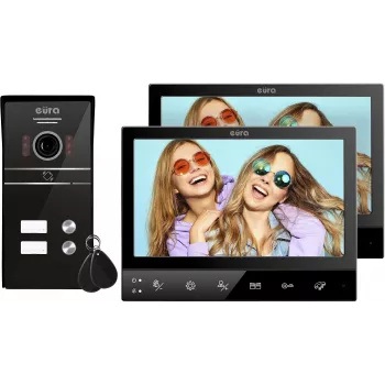 Eura VDP-80C5 dvodružinski video domofon, črn, 2x 7 inch LCD, FHD, 2 vhoda, 1080p kamera, RFID čitalnik, nadometna montaža