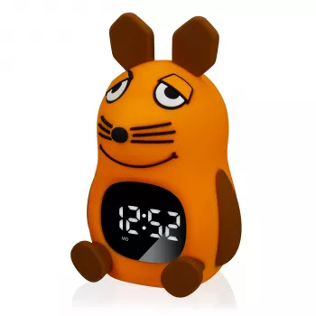 DieMaus budilka za otroke z nočno lučko – analogno-kremenova, toplo bela nočna lučka, večbarvna (modra/oranžna)