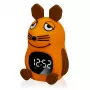 DieMaus budilka za otroke z nočno lučko – analogno-kremenova, toplo bela nočna lučka, večbarvna (modra/oranžna)