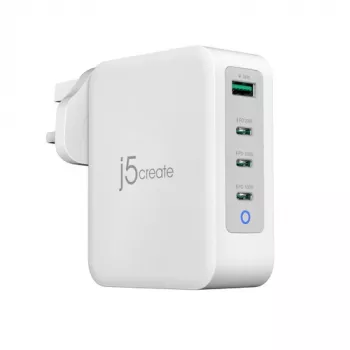 J5CREATE 130W GaN USB-C polnilnik s 4 vrati - UK belo siva