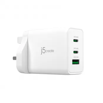 J5CREATE 65W GaN USB-C polnilnik s 3 vrati UK bel