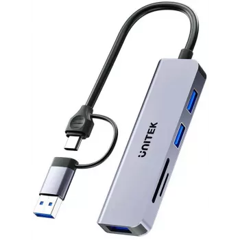 UNITEK 5-v-1 zvezdišče USB-C z bralnikom kartic SD in MicroSD, 5 Gbit/s, Space Grey