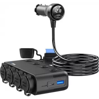 MBG Line HS75AD razdelilnik za vžigalnik z 2 vtičnicama in 3 priključki USB, 75 cm kabel, črn